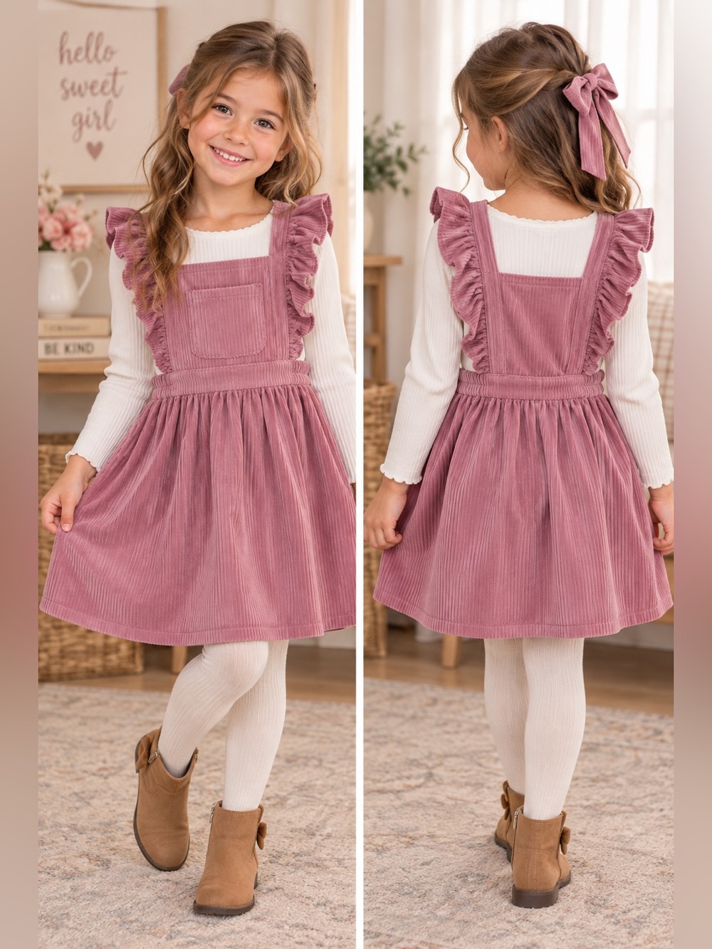 Girls' Ruffled Corduroy Pinafore Dress in Dusty Rose